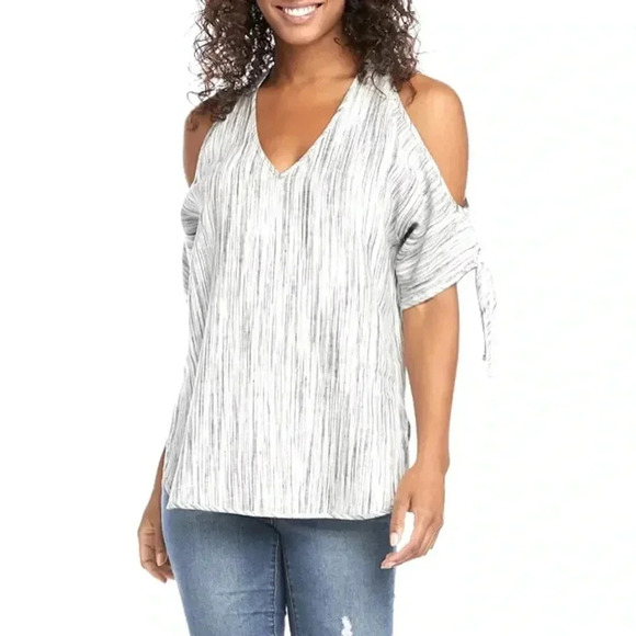 Karen Kane White 100% Linen Cold Shoulder Tie Sleeve Top Blouse Size Large L - Picture 1 of 11